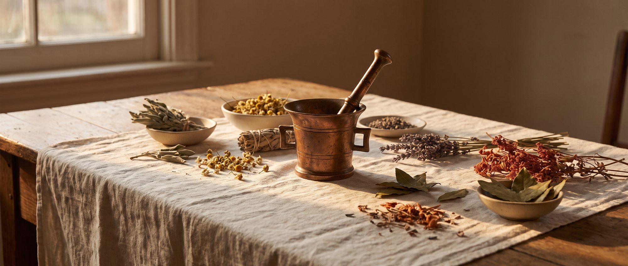 Editorial closing still-life: a single copper mortar with pestle surrounded by dried alkaline botanicals on a wide cream linen table.