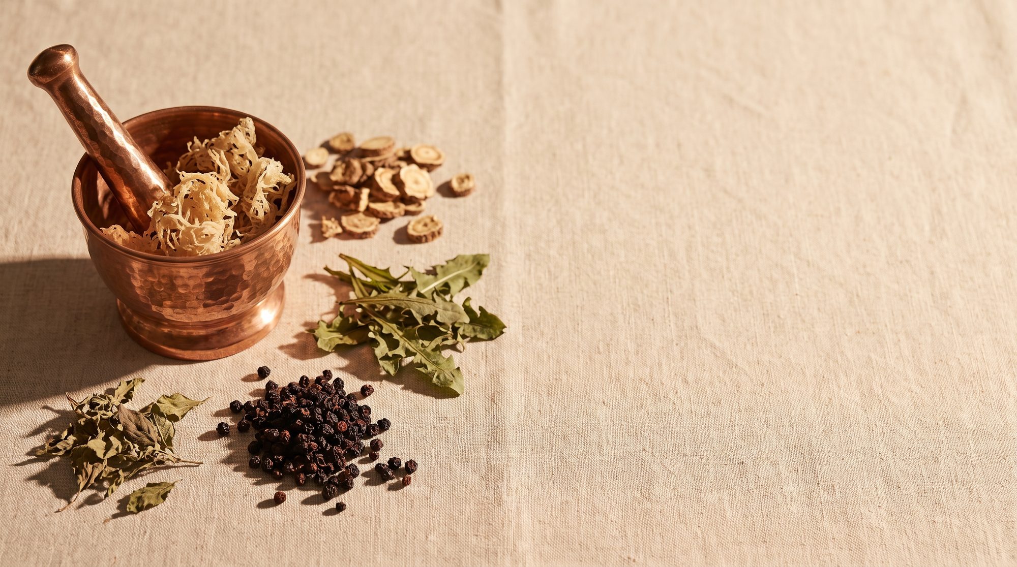 Sea moss in a copper mortar surrounded by dried alkaline botanicals on warm cream linen.
