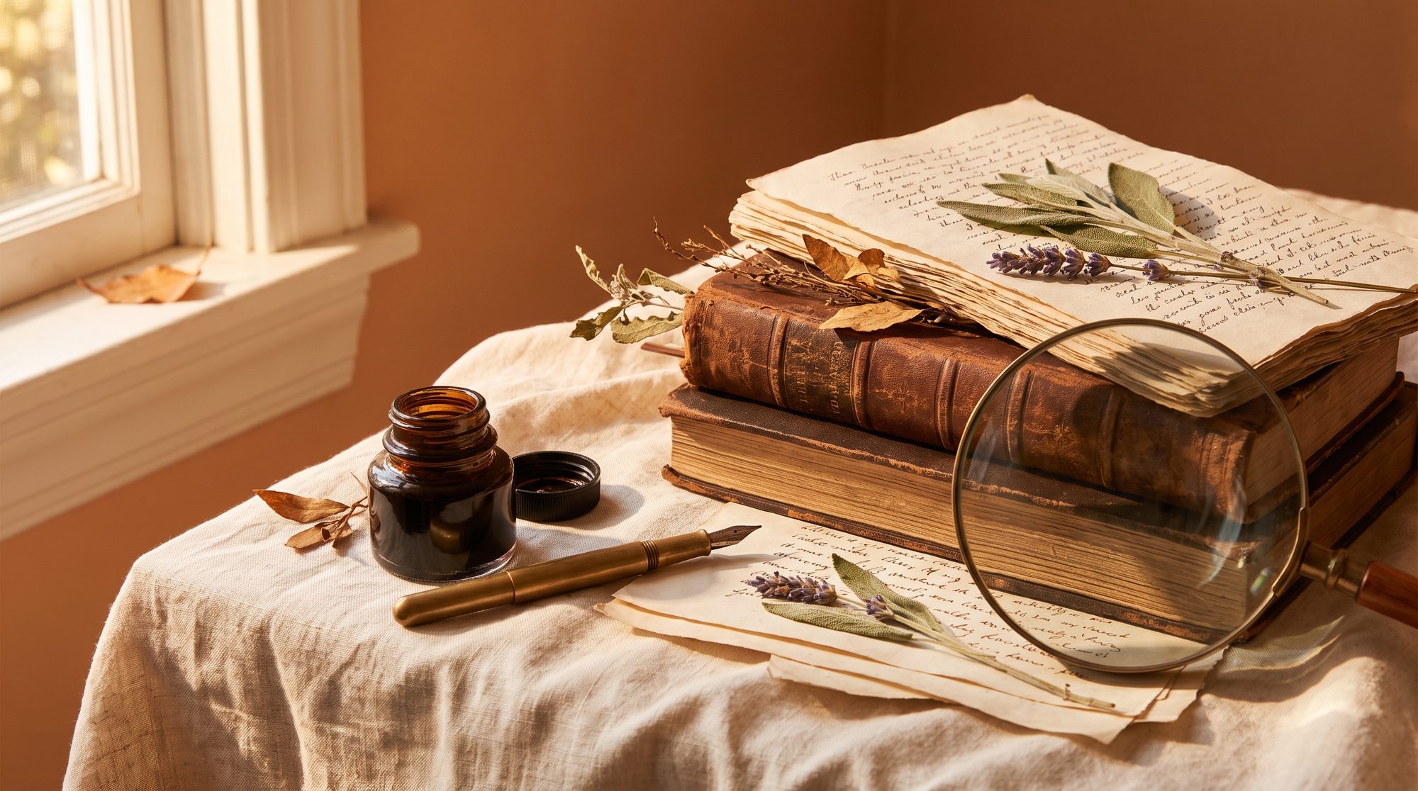 Editorial still-life: leather-bound volumes, fountain pen, dried herbs as bookmarks — the encyclopedia of alkaline botanicals.