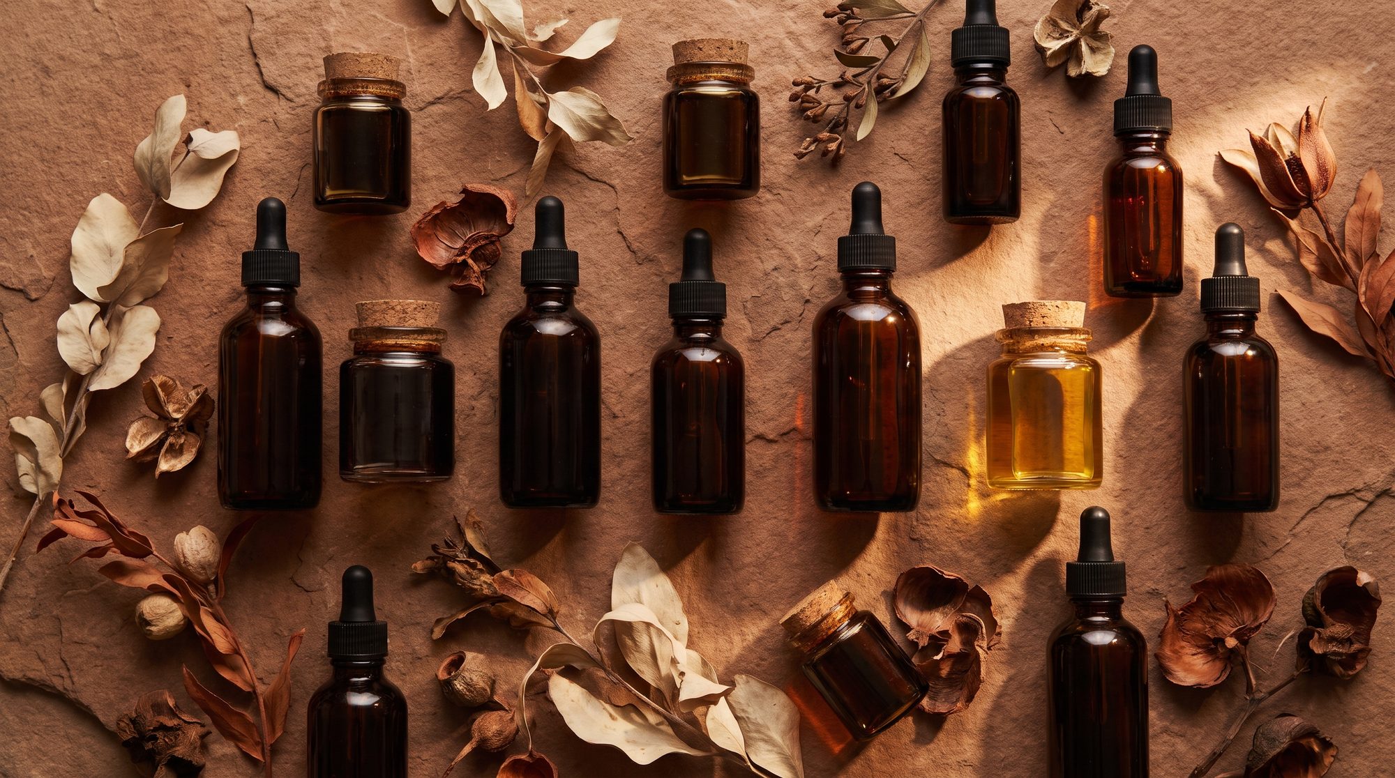 Editorial still-life: apothecary tincture bottles arranged in a rhythmic row on warm terracotta — many channels flowing from one source.