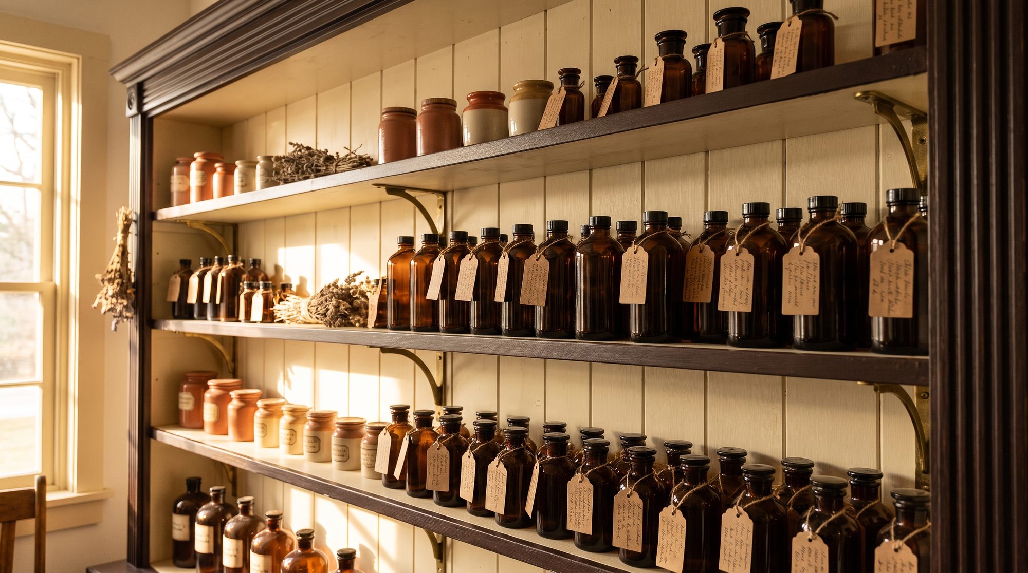 Editorial photograph: warm cream apothecary shelves lined with amber bottles and paper hang-tags — retail authority, the moment a brand earns its shelf.