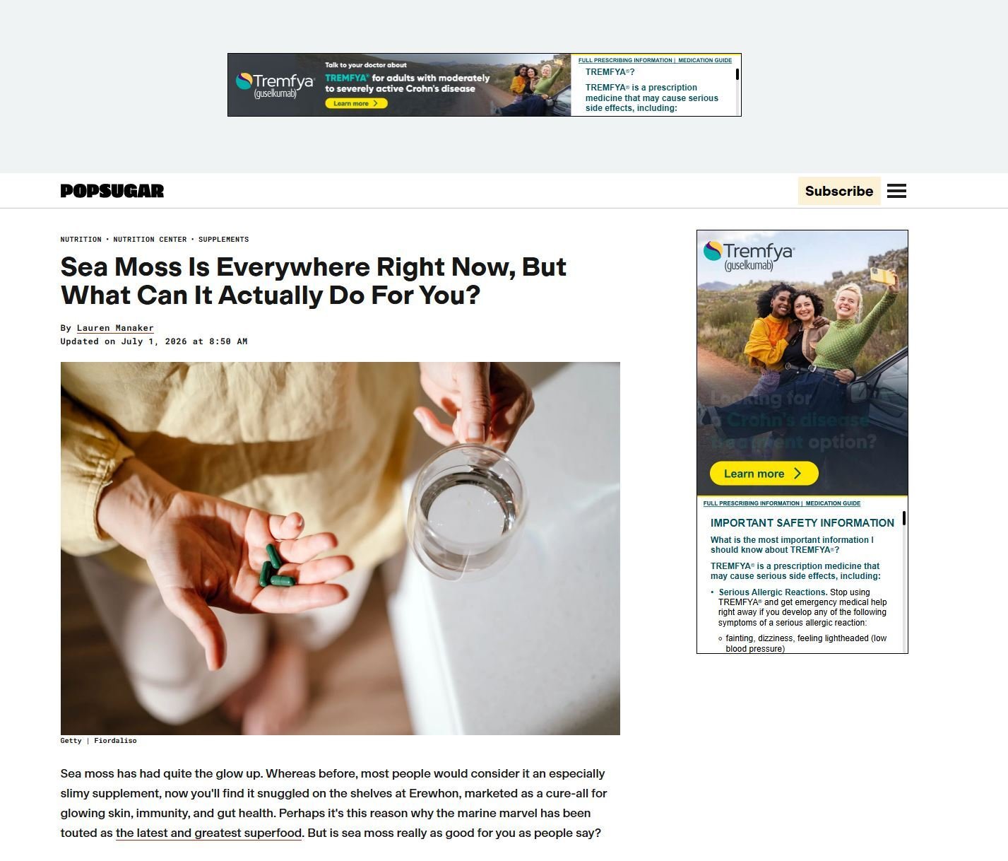POPSUGAR article headlined 'Sea Moss Is Everywhere Right Now, But What Can It Actually Do For You?' updated July 1, 2026, by Lauren Manaker.