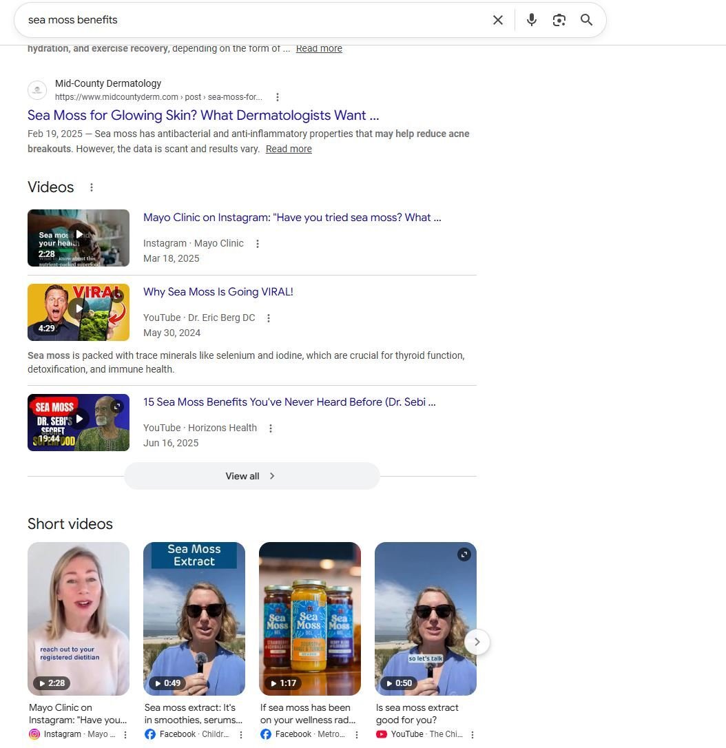 Google search results for 'sea moss benefits' showing Mayo Clinic, Dr. Eric Berg, and a Horizons Health YouTube video titled '15 Sea Moss Benefits You've Never Heard Before (Dr. Sebi's Secret Superfood).'