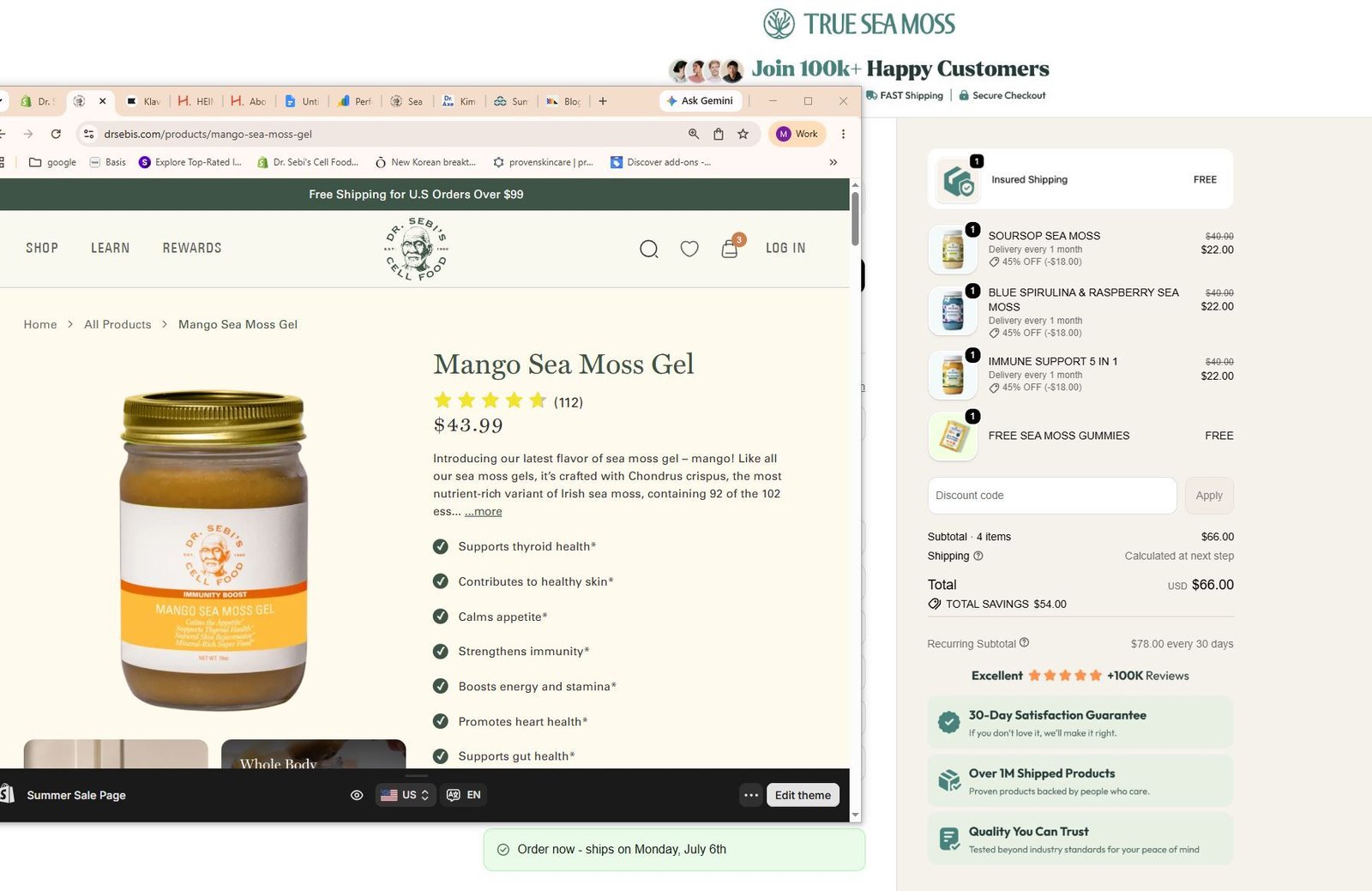 Competitor comparison: the Dr. Sebi's Mango Sea Moss Gel product page next to True Sea Moss's aggressive subscription cart — four items at 45% off, free gummies, $54 in savings, 30-day guarantee, 100K+ customers.
