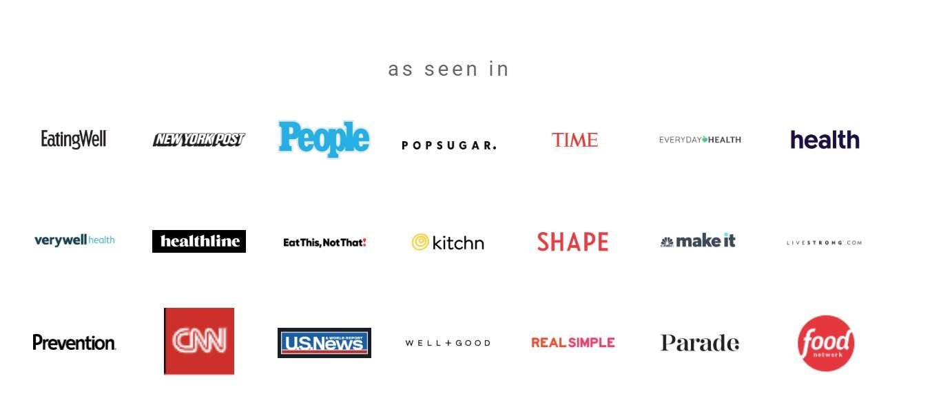 Editorial media logo bank — EatingWell, New York Post, People, POPSUGAR, TIME, Everyday Health, Health, Verywell Health, Healthline, Eat This Not That, Kitchn, Shape, Make It, Livestrong, Prevention, CNN, US News, Well+Good, Real Simple, Parade, Food Network.